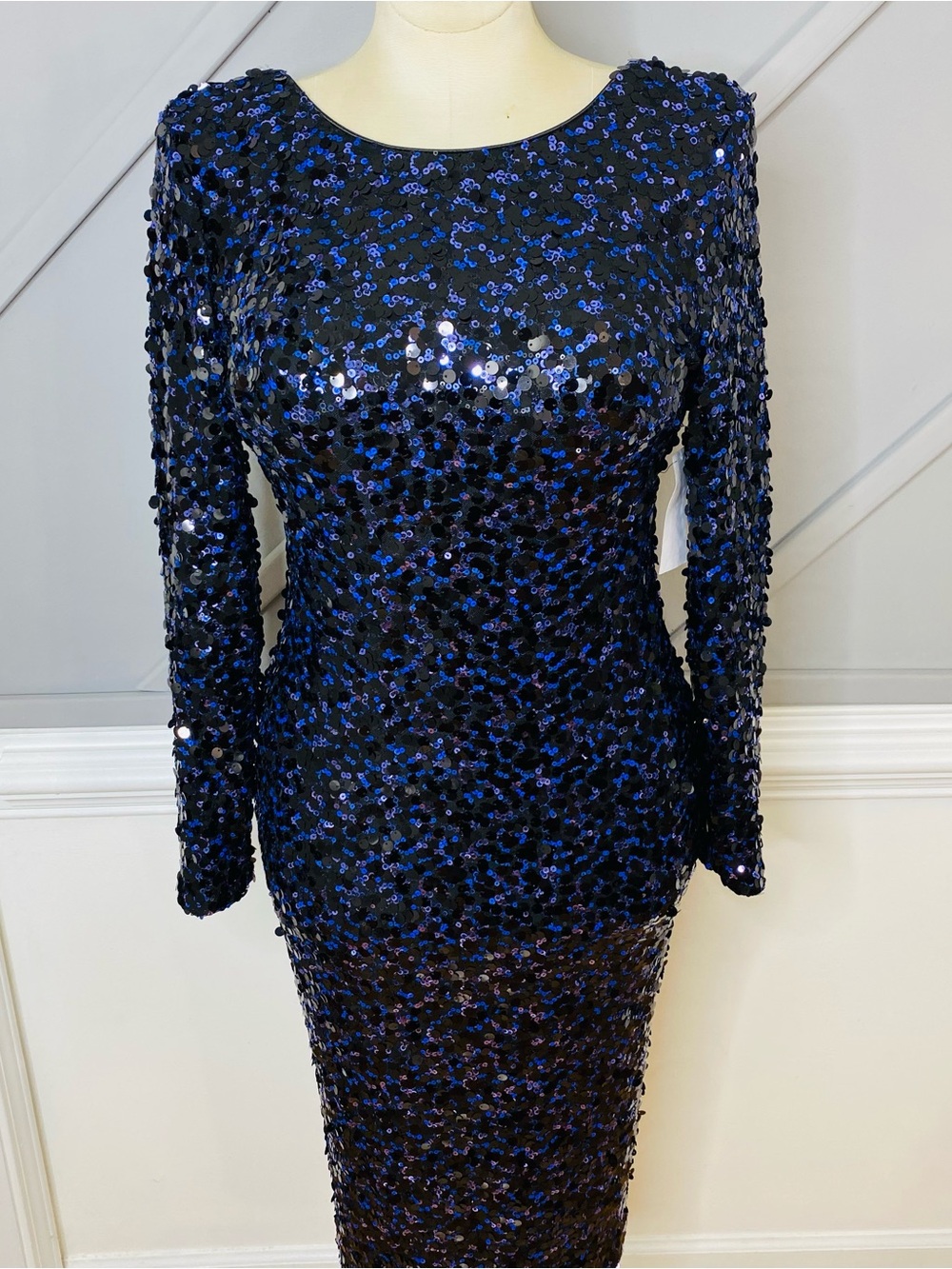 NEW Dress the Population Emery Long Sleeve Sequin Dress navy SZ L #D6706 - Picture 5 of 13